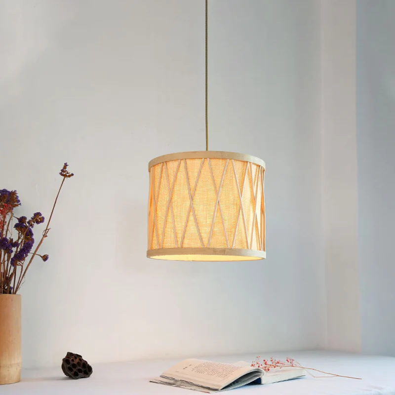 Plafonnier tambour en bambou moderne à 1 ampoule, luminaire suspendu en Beige pour le salon Clearhalo