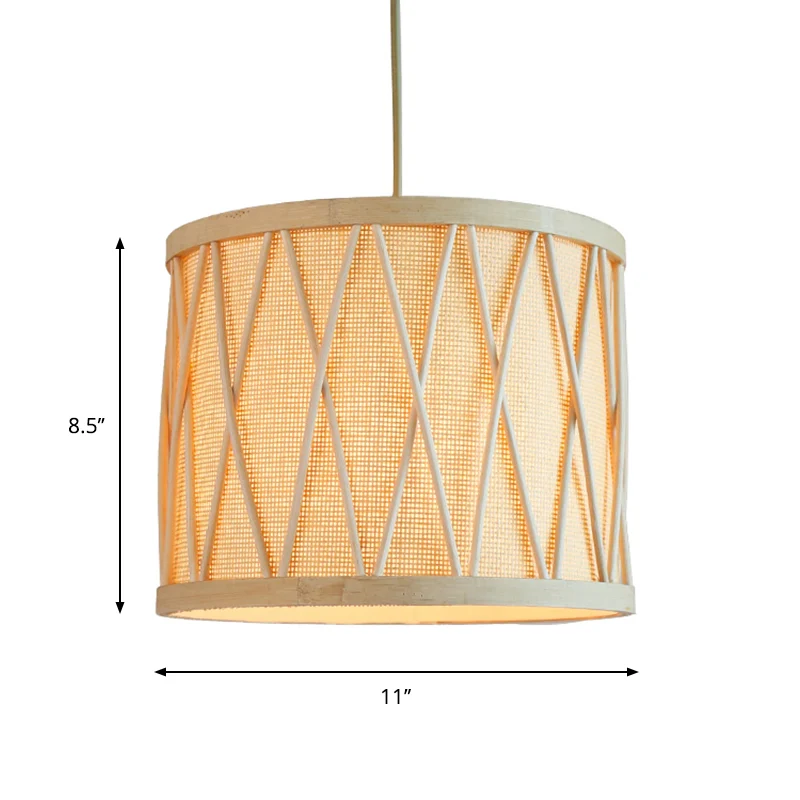 Plafonnier tambour en bambou moderne à 1 ampoule, luminaire suspendu en Beige pour le salon Clearhalo