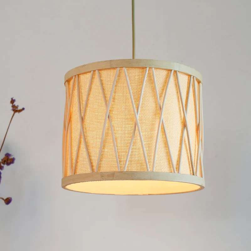 Plafonnier tambour en bambou moderne à 1 ampoule, luminaire suspendu en Beige pour le salon Clearhalo