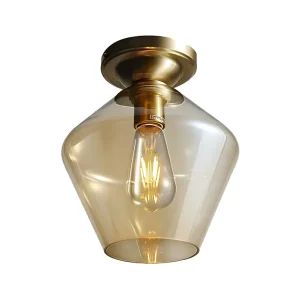 Plafonnier tambour/vase avec abat-jour en verre ambré Plafonnier contemporain à 1 lumière au fini laiton Clearhalo