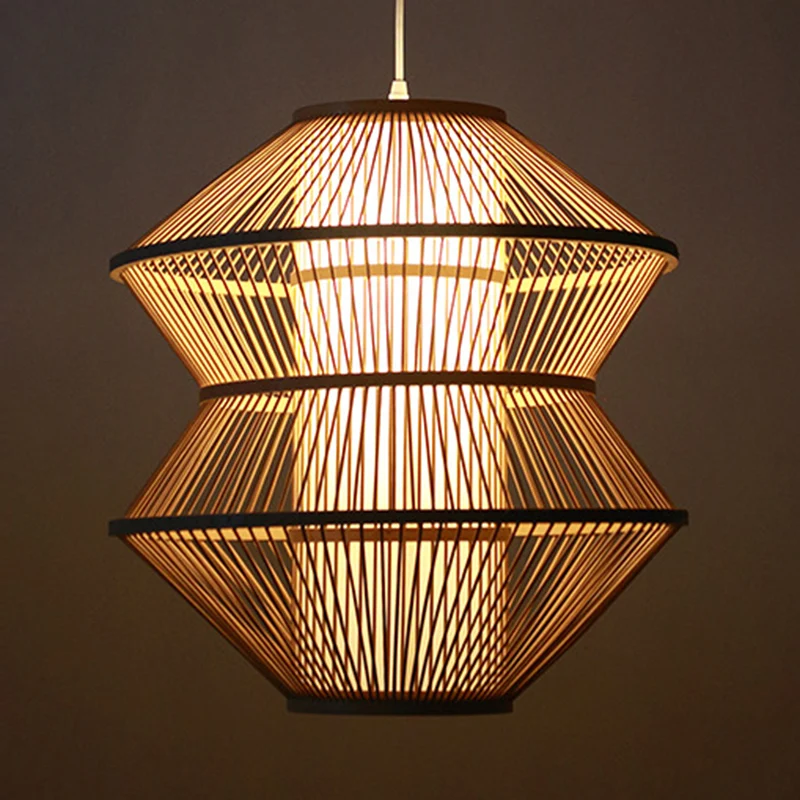 Plafonnier à tissage ouvert contemporain en bambou, 1 lumière, suspension d'intérieur avec abat-jour cylindrique intérieur...