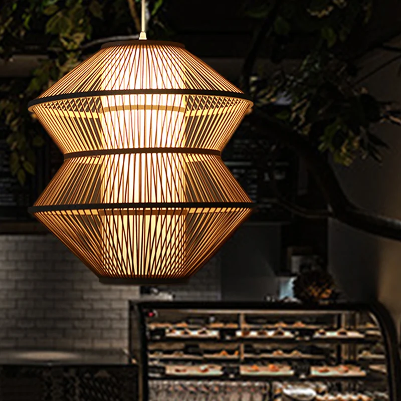 Plafonnier à tissage ouvert contemporain en bambou, 1 lumière, suspension d'intérieur avec abat-jour cylindrique intérieur...