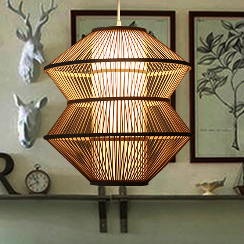 Plafonnier à tissage ouvert contemporain en bambou, 1 lumière, suspension d'intérieur avec abat-jour cylindrique intérieur...