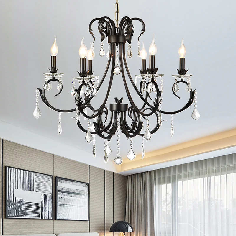 Plafonnier traditionnel à bougie noire, 6/8 lumières, lustre en métal avec gouttes de cristal Clearhalo