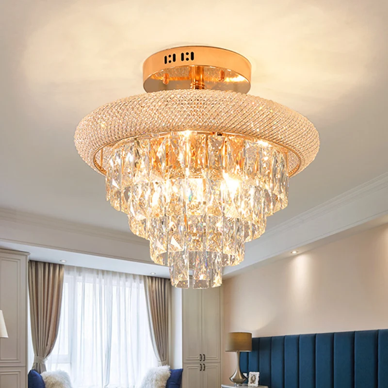 Plafonnier traditionnel à 9 lumières en cristal prismatique à 5 couches, éclairage semi-monté, doré Clearhalo