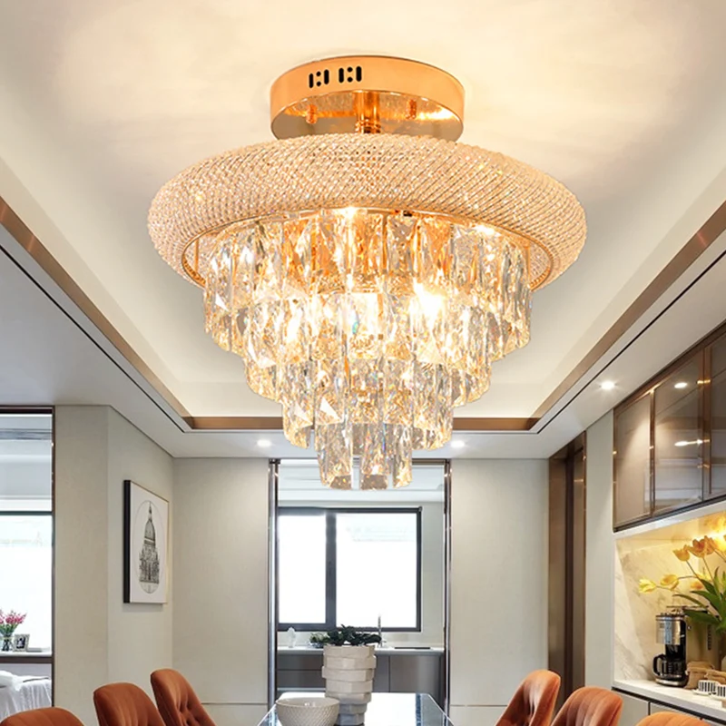 Plafonnier traditionnel à 9 lumières en cristal prismatique à 5 couches, éclairage semi-monté, doré Clearhalo