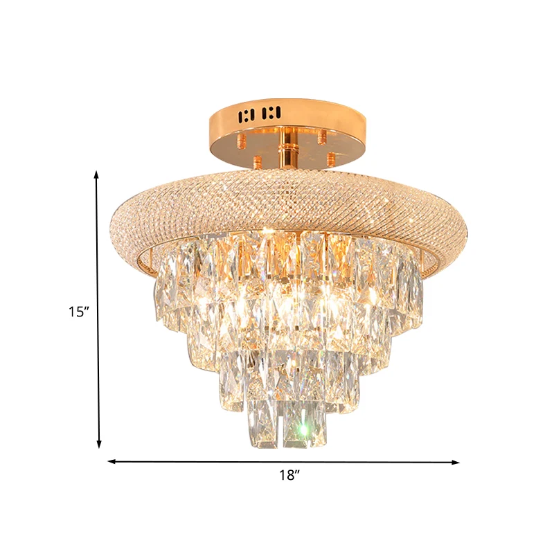 Plafonnier traditionnel à 9 lumières en cristal prismatique à 5 couches, éclairage semi-monté, doré Clearhalo