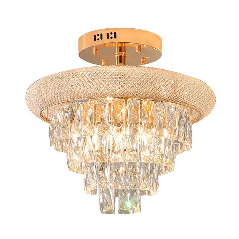 Plafonnier traditionnel à 9 lumières en cristal prismatique à 5 couches, éclairage semi-monté, doré Clearhalo
