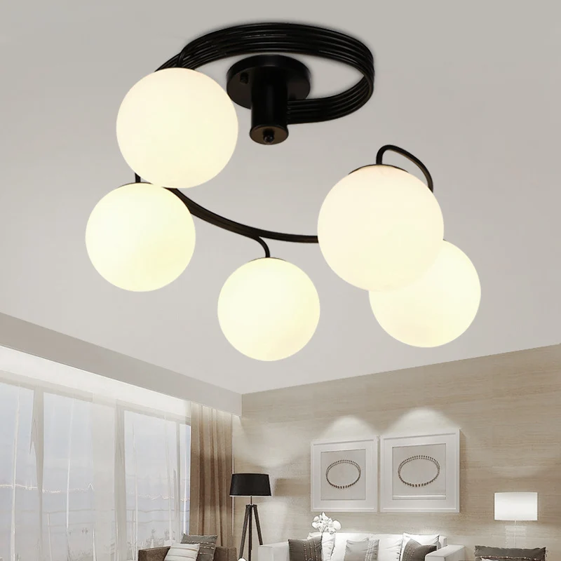 Plafonnier traditionnel noir à 3/5 lumières, semi-affleurant, avec abat-jour en verre blanc, pour salon Clearhalo