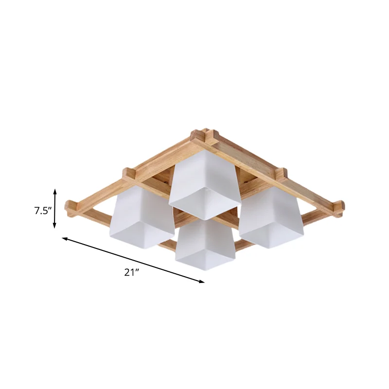 Plafonnier trapézoïdal en verre blanc, luminaire japonais à 4/6 ampoules, monté au plafond, avec cadre en grille en bois C...
