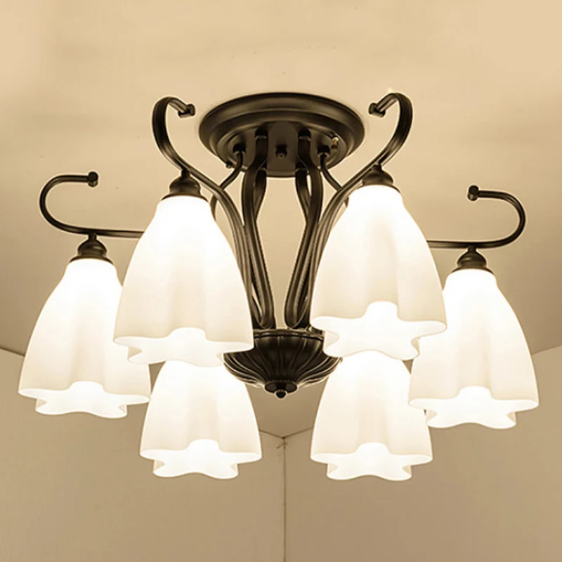 Plafonnier en verre blanc à 3/6/8 lumières, luminaire classique en forme de fleur noire, éclairage Semi-monté pour salon C...