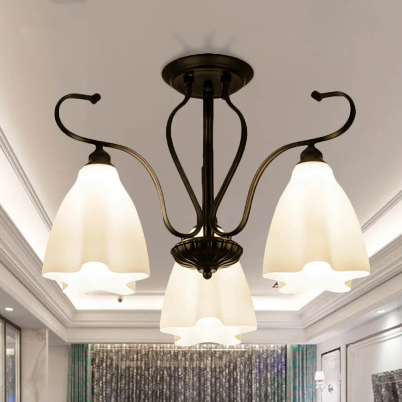 Plafonnier en verre blanc à 3/6/8 lumières, luminaire classique en forme de fleur noire, éclairage Semi-monté pour salon C...