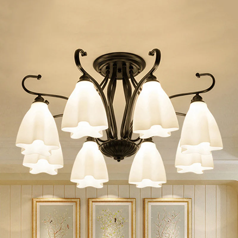 Plafonnier en verre blanc à 3/6/8 lumières, luminaire classique en forme de fleur noire, éclairage Semi-monté pour salon C...