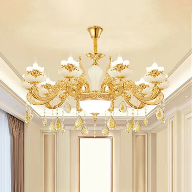 Plafonnier en verre Opaque, lustre traditionnel de salon avec drapé de cristal doré Clearhalo