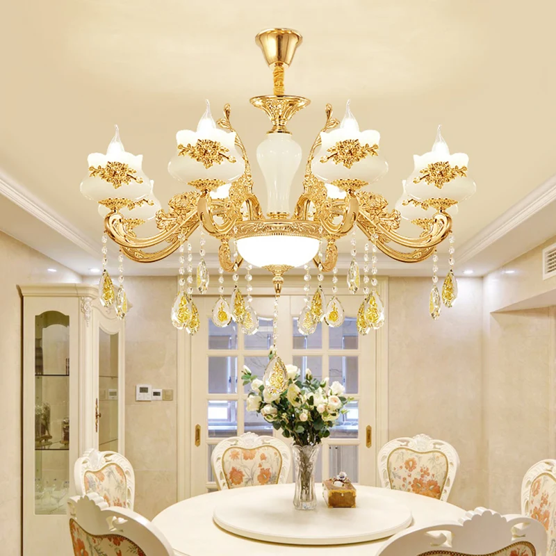 Plafonnier en verre Opaque, lustre traditionnel de salon avec drapé de cristal doré Clearhalo
