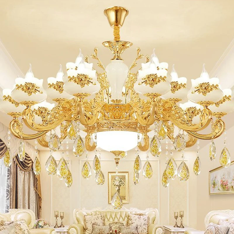 Plafonnier en verre Opaque, lustre traditionnel de salon avec drapé de cristal doré Clearhalo
