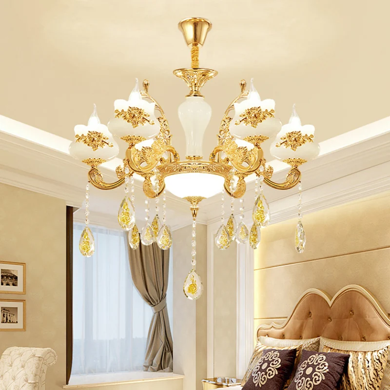 Plafonnier en verre Opaque, lustre traditionnel de salon avec drapé de cristal doré Clearhalo