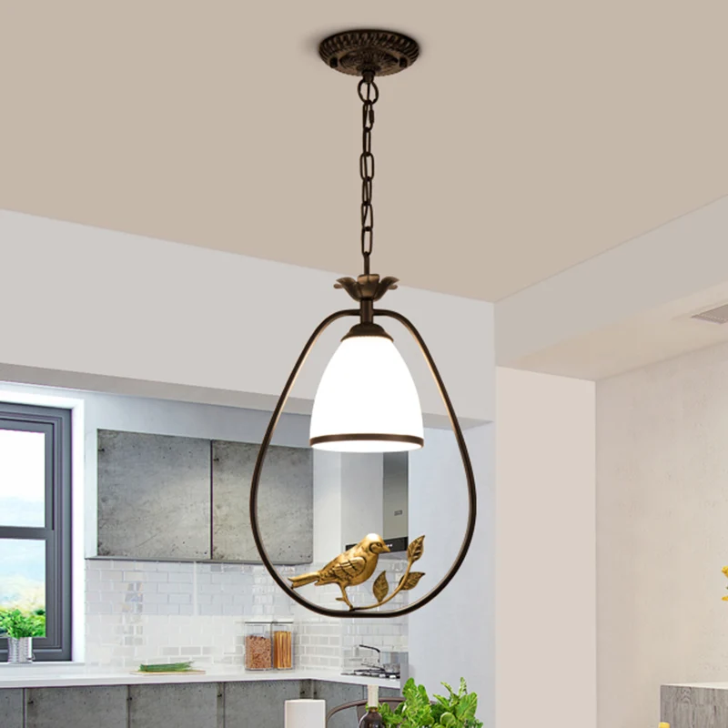 Plafonnier en verre soufflé à la main, style rétro, luminaire suspendu pour salle à manger, avec décor d'oiseaux et de bra...