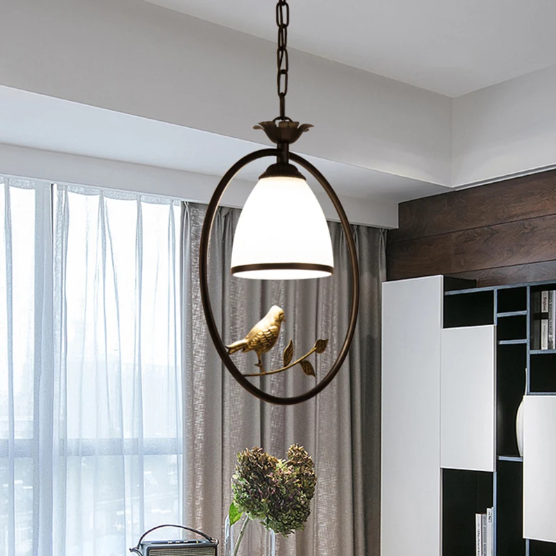 Plafonnier en verre soufflé à la main, style rétro, luminaire suspendu pour salle à manger, avec décor d'oiseaux et de bra...