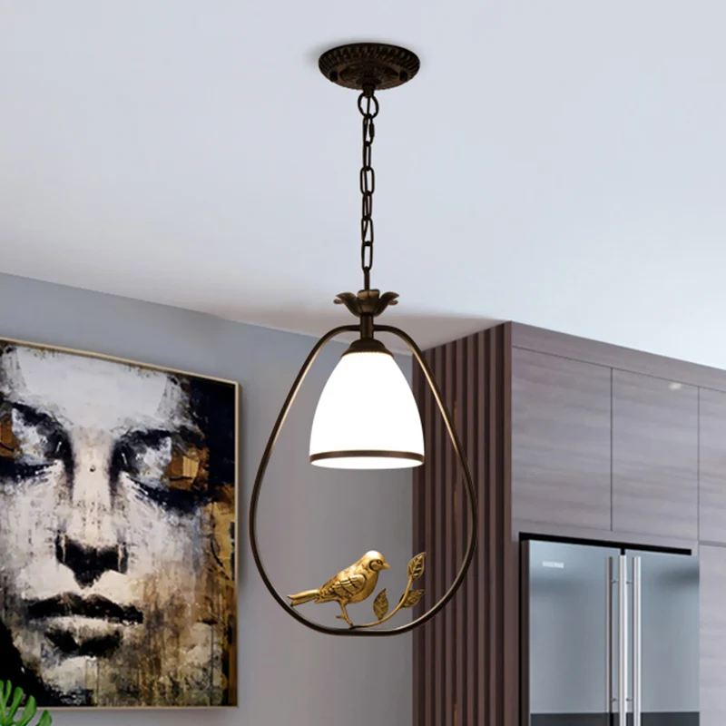 Plafonnier en verre soufflé à la main, style rétro, luminaire suspendu pour salle à manger, avec décor d'oiseaux et de bra...
