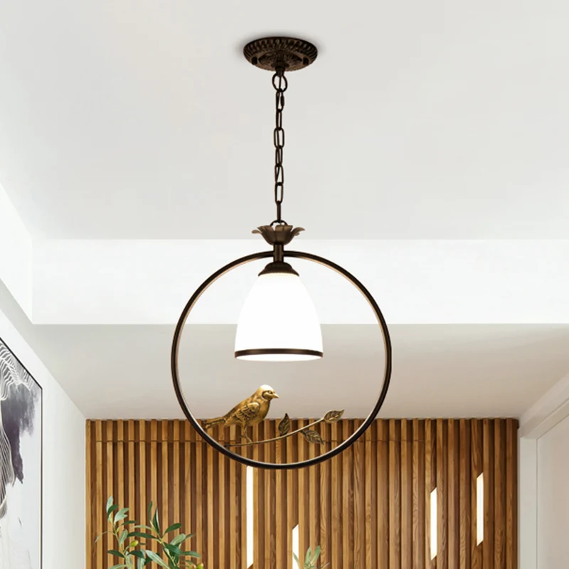 Plafonnier en verre soufflé à la main, style rétro, luminaire suspendu pour salle à manger, avec décor d'oiseaux et de bra...