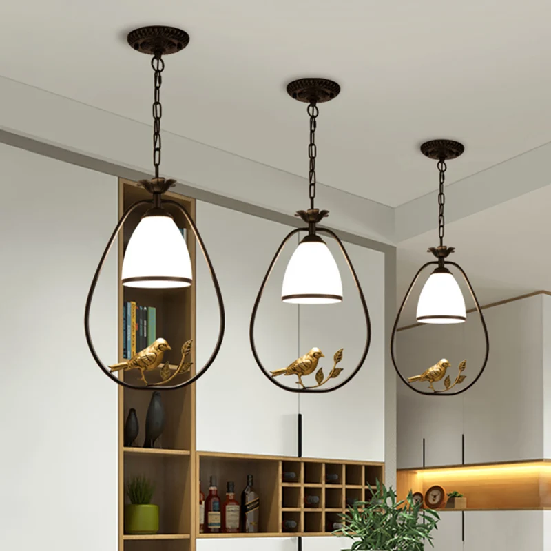 Plafonnier en verre soufflé à la main, style rétro, luminaire suspendu pour salle à manger, avec décor d'oiseaux et de bra...
