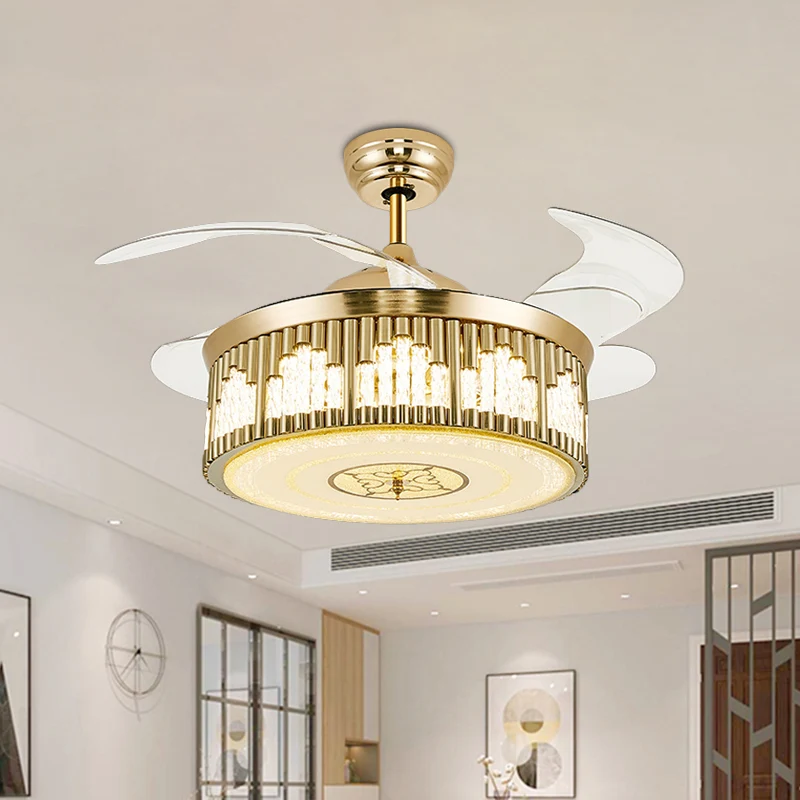 Postmodern Wave-Cutouts Lampe ventilateur LED en cristal semi-montée en or avec 3 lames transparentes, 49,5 cm de large Cl...