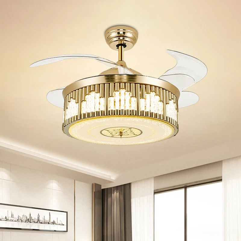Postmodern Wave-Cutouts Lampe ventilateur LED en cristal semi-montée en or avec 3 lames transparentes, 49,5 cm de large Cl...