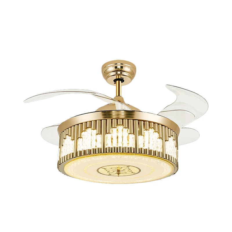 Postmodern Wave-Cutouts Lampe ventilateur LED en cristal semi-montée en or avec 3 lames transparentes, 49,5 cm de large Cl...