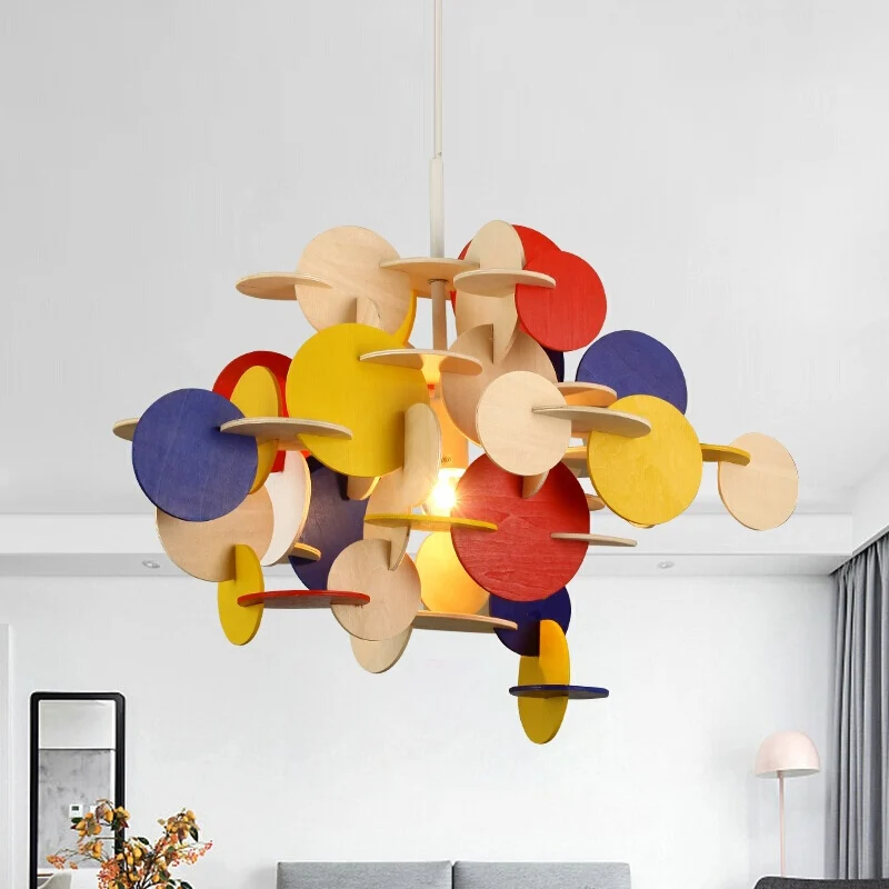 Puzzle Plafonnier en Bois Suspendu Nordique 1 Lumière Chambre d'enfant Lampe Suspendue en Multicolore/Couleur Naturelle Cl...