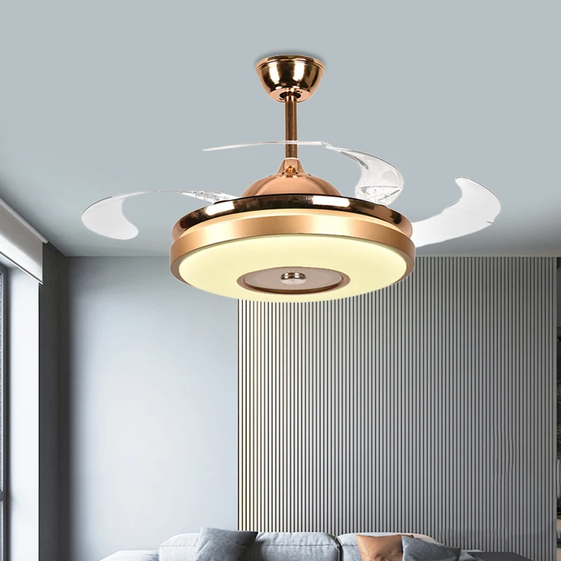 Ring Salon Ventilateur Éclairage Simple Acrylique LED Or Semi-Encastré Plafonnier avec 4 Lames Transparentes, 36"/42" de L...