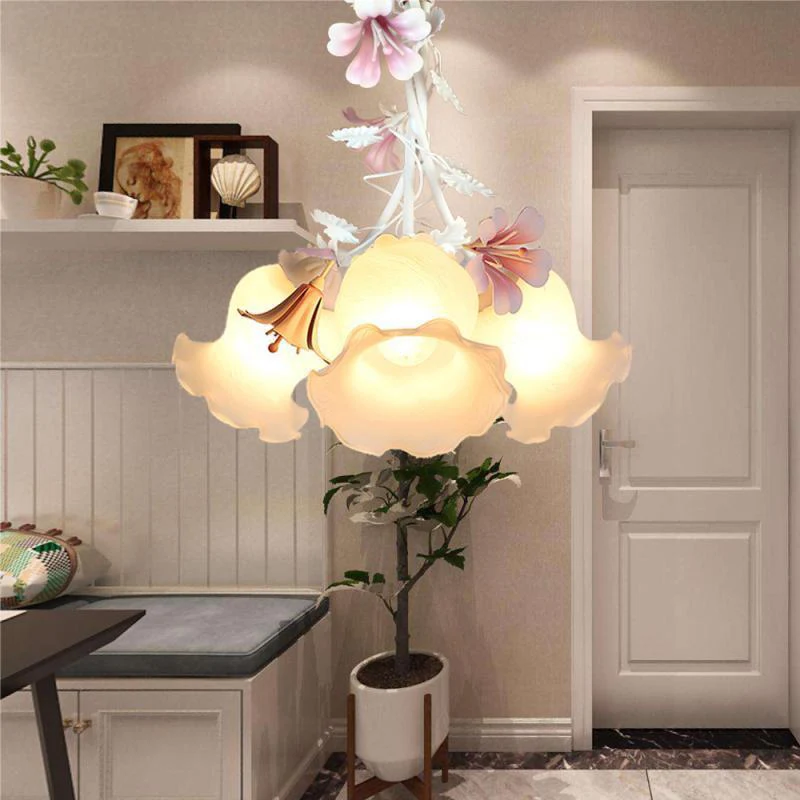 Rose 3 lumières vers le bas éclairage pastoral blanc verre fleur lustre luminaire pour salon Clearhalo