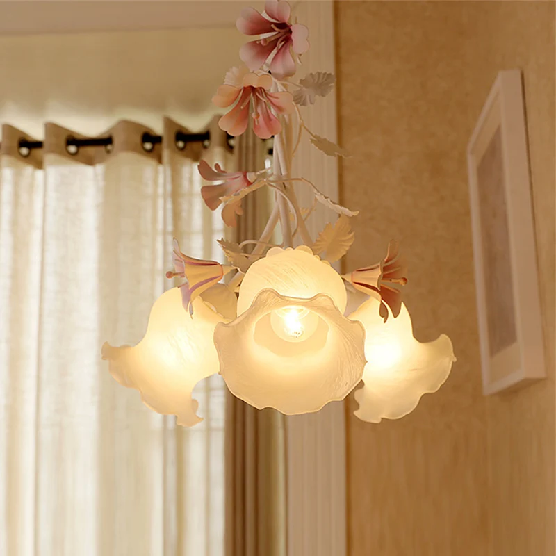 Rose 3 lumières vers le bas éclairage pastoral blanc verre fleur lustre luminaire pour salon Clearhalo