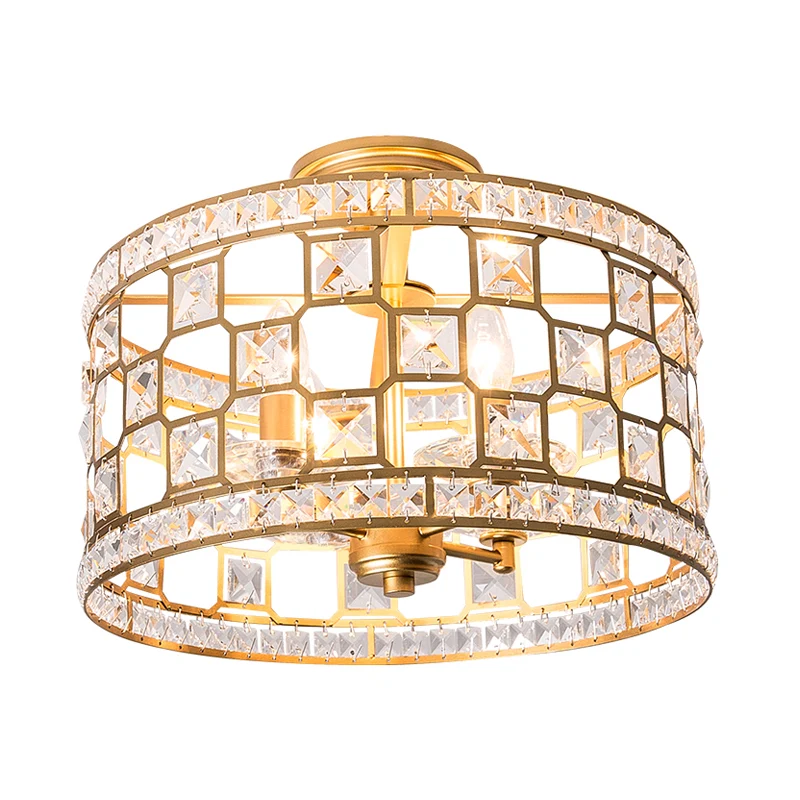 Semi-affleurant cylindrique à 3 ampoules, luminaire traditionnel en verre transparent monté au plafond en argent/or pour s...