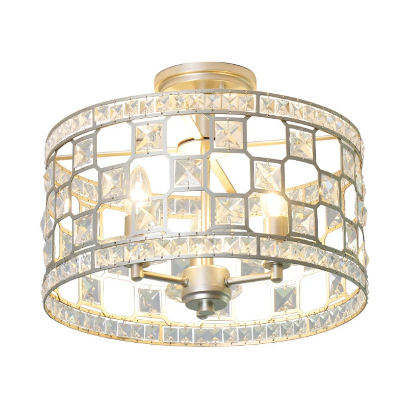 Semi-affleurant cylindrique à 3 ampoules, luminaire traditionnel en verre transparent monté au plafond en argent/or pour s...