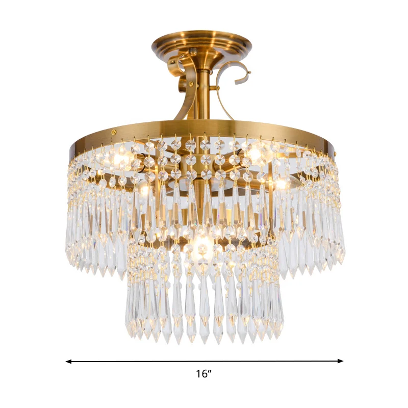 Semi-encastré à 6 ampoules, 2 couches, cristal taillé moderniste, proche du plafonnier, en laiton Clearhalo