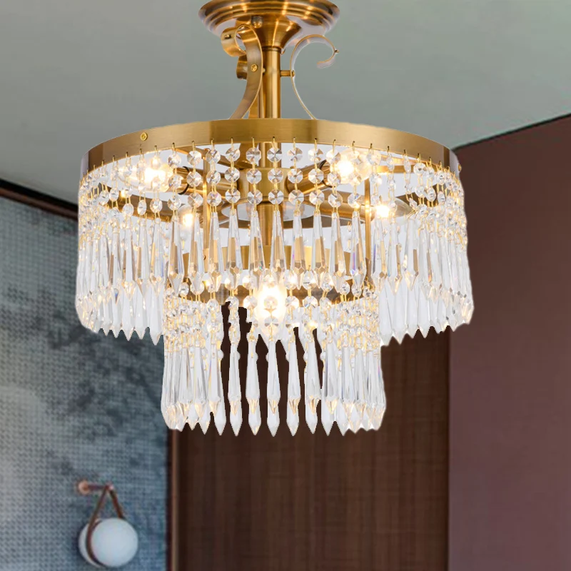 Semi-encastré à 6 ampoules, 2 couches, cristal taillé moderniste, proche du plafonnier, en laiton Clearhalo