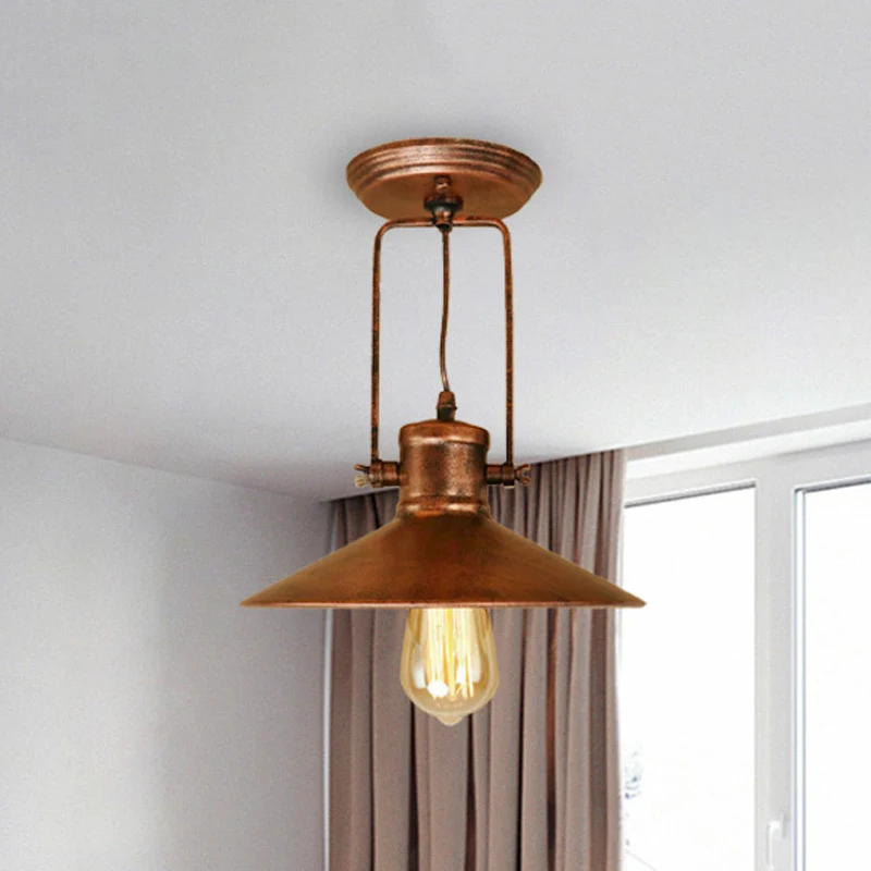Semi-encastré conique en métal, éclairage rétro élégant, plafonnier rotatif à 1 lumière pour foyer, noir/rouille Clearhalo