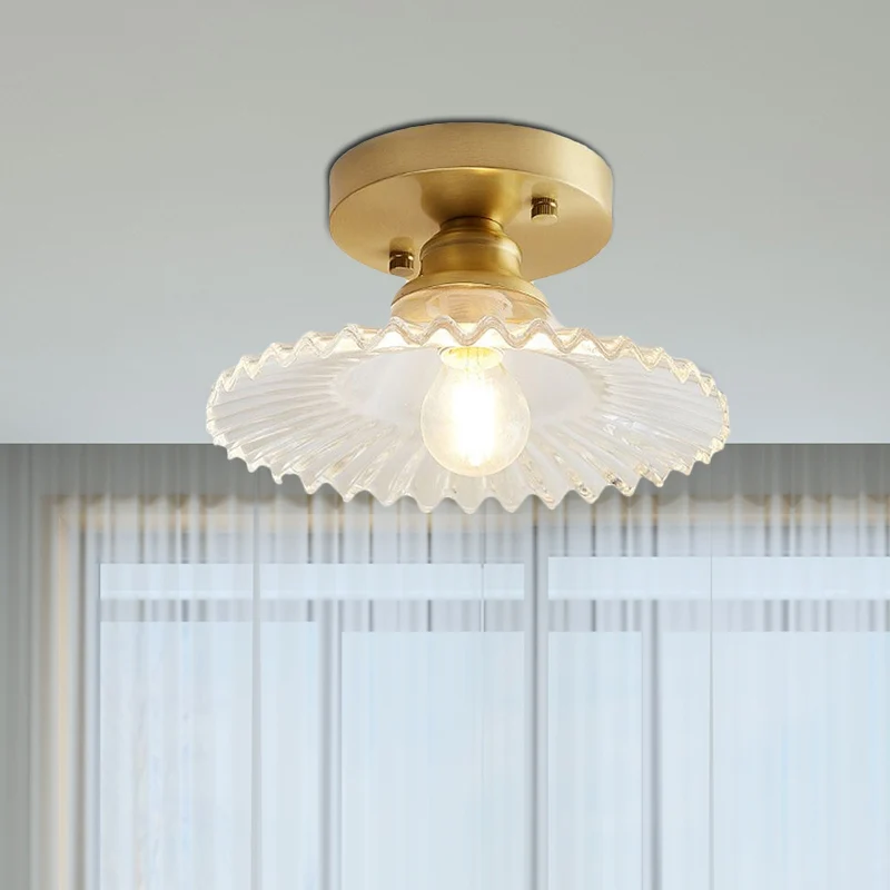 Semi-encastré évasé à 1 lumière, support de plafond industriel en verre nervuré transparent/vert pour le salon Clearhalo