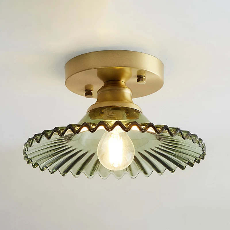 Semi-encastré évasé à 1 lumière, support de plafond industriel en verre nervuré transparent/vert pour le salon Clearhalo