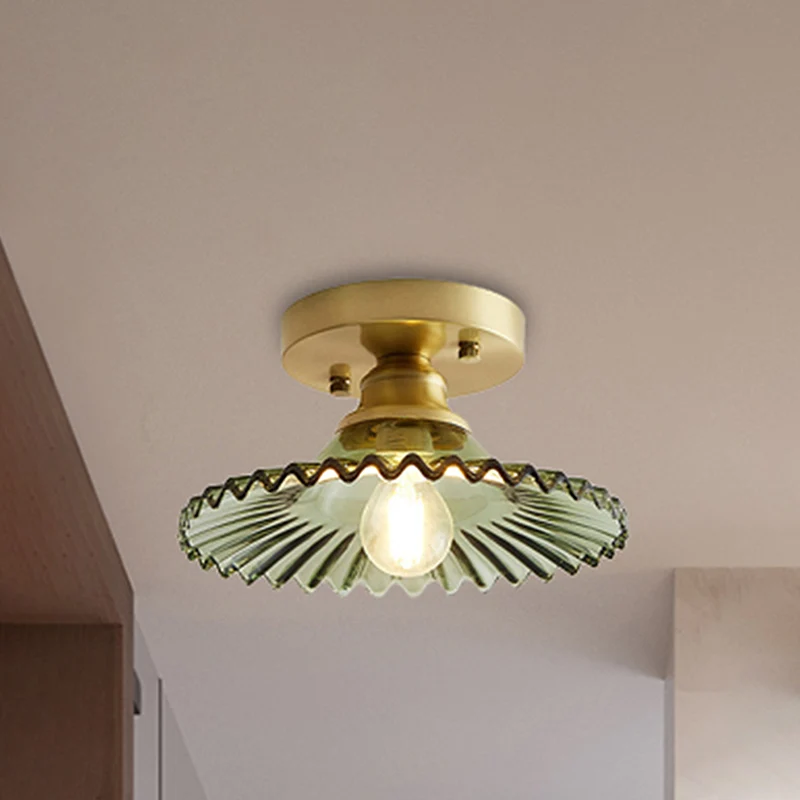 Semi-encastré évasé à 1 lumière, support de plafond industriel en verre nervuré transparent/vert pour le salon Clearhalo