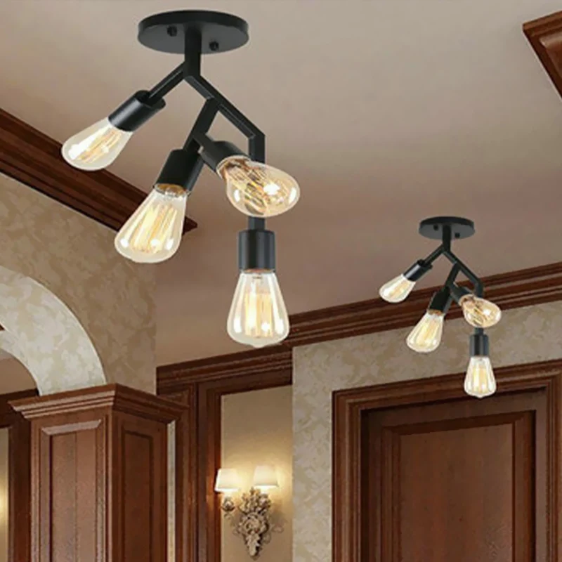Semi-plafonnier à 4 lumières avec branche métallique de style industriel pour salle à manger, plafonnier semi-encastré en...