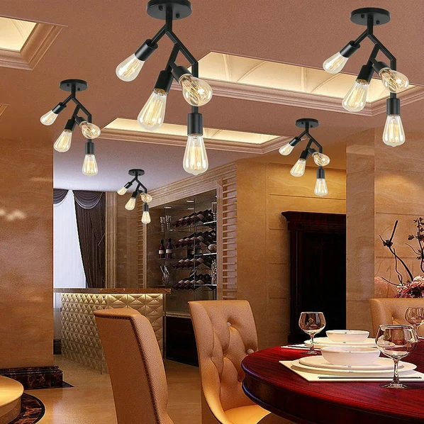 Semi-plafonnier à 4 lumières avec branche métallique de style industriel pour salle à manger, plafonnier semi-encastré en...