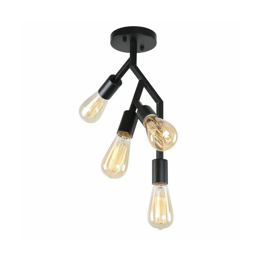 Semi-plafonnier à 4 lumières avec branche métallique de style industriel pour salle à manger, plafonnier semi-encastré en...