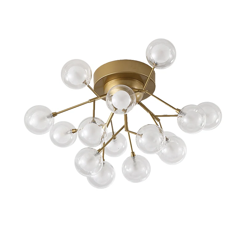 Semi-plafonnier à plantes multi-têtes, plafonnier romantique en métal et verre en or pour hôtel Clearhalo