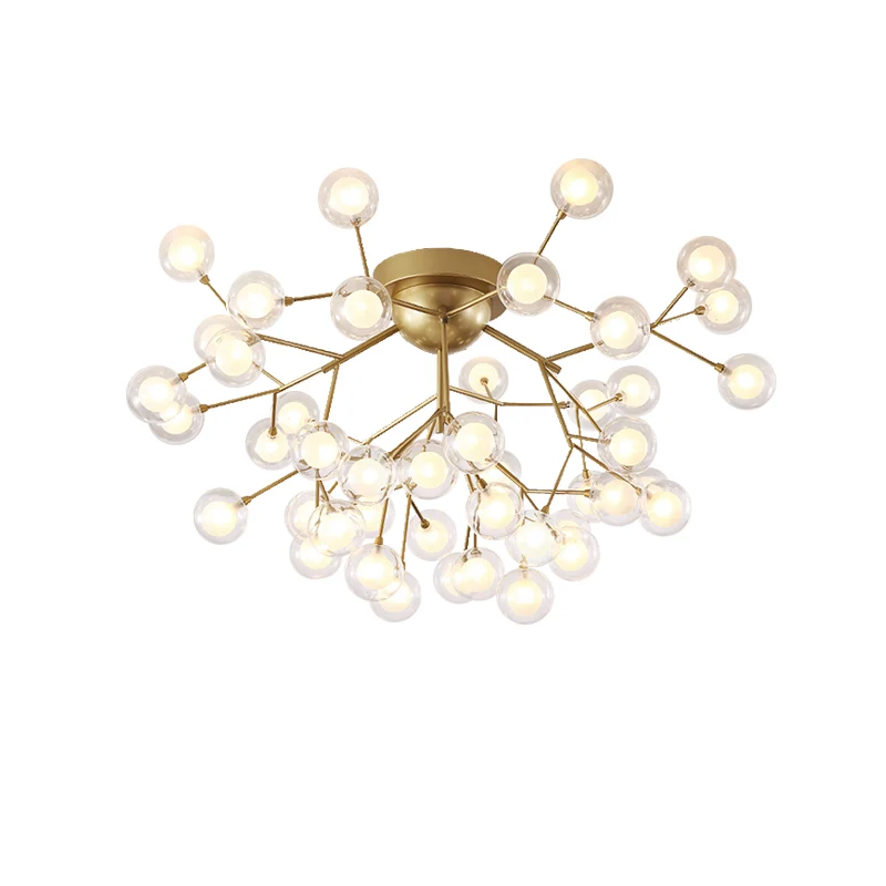 Semi-plafonnier à plantes multi-têtes, plafonnier romantique en métal et verre en or pour hôtel Clearhalo