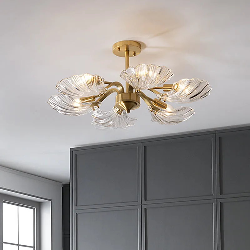 Semi-plafonnier en verre transparent en forme de coquille, luminaire moderne à 6 ampoules pour chambre à coucher, en laito...