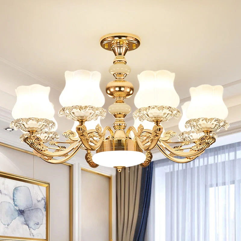 Simplicity Flower Semi Mount Lighting Plafonnier de salon en verre opale en or Clearhalo
