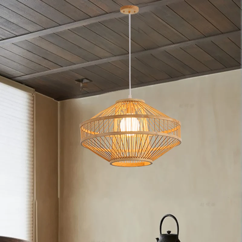 Soucoupe volante plafonnier en bambou Style moderniste 16 "/19.5" largeur 1 ampoule lampe à suspension en bois pour Restau...