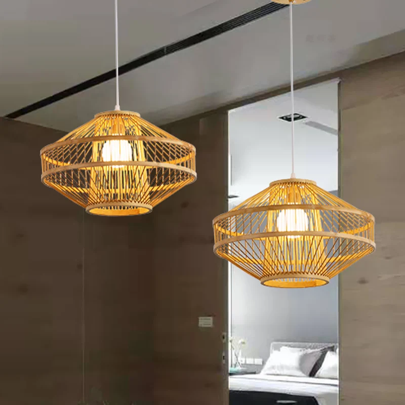 Soucoupe volante plafonnier en bambou Style moderniste 16 "/19.5" largeur 1 ampoule lampe à suspension en bois pour Restau...
